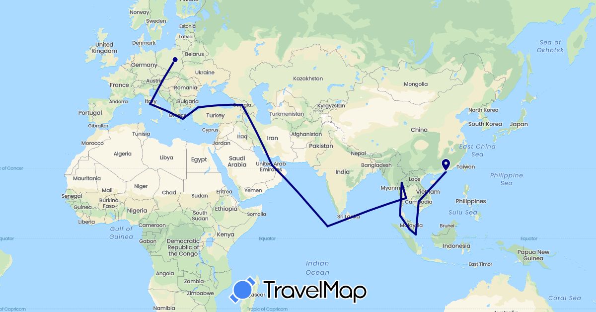 TravelMap itinerary: driving in United Arab Emirates, China, Georgia, Greece, Italy, Maldives, Malaysia, Poland, Singapore, Thailand, Turkey (Asia, Europe)